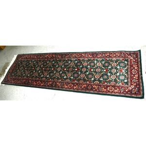 Vintage Hand-Knotted Pak Persian Wool Runner Rug in Dark Green and Wine Red.